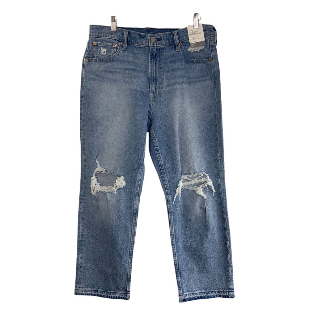 Gap Denim Jeans Size 32 14 S Cheeky Straight High Rise Blue Holes Med Wash NEW